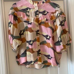 Farm Rio Pink and Brown Ruffled Bib Collar Blouse